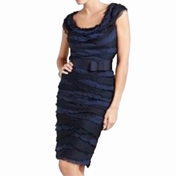 TODASHI SHOJI Navy Tiered Ruffle Cocktail Dress w/ attached Ribbon Belt, Size 4 - Picture 1 of 15